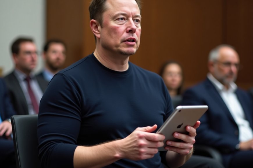 Immagine creata con AI a scopo illustrativo. Elon Musk porta letteralmente Apple in tribunale.